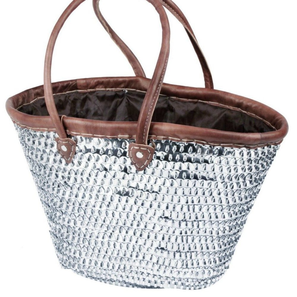 Sparkling Silver Sequin & Leather Straw Tote XL